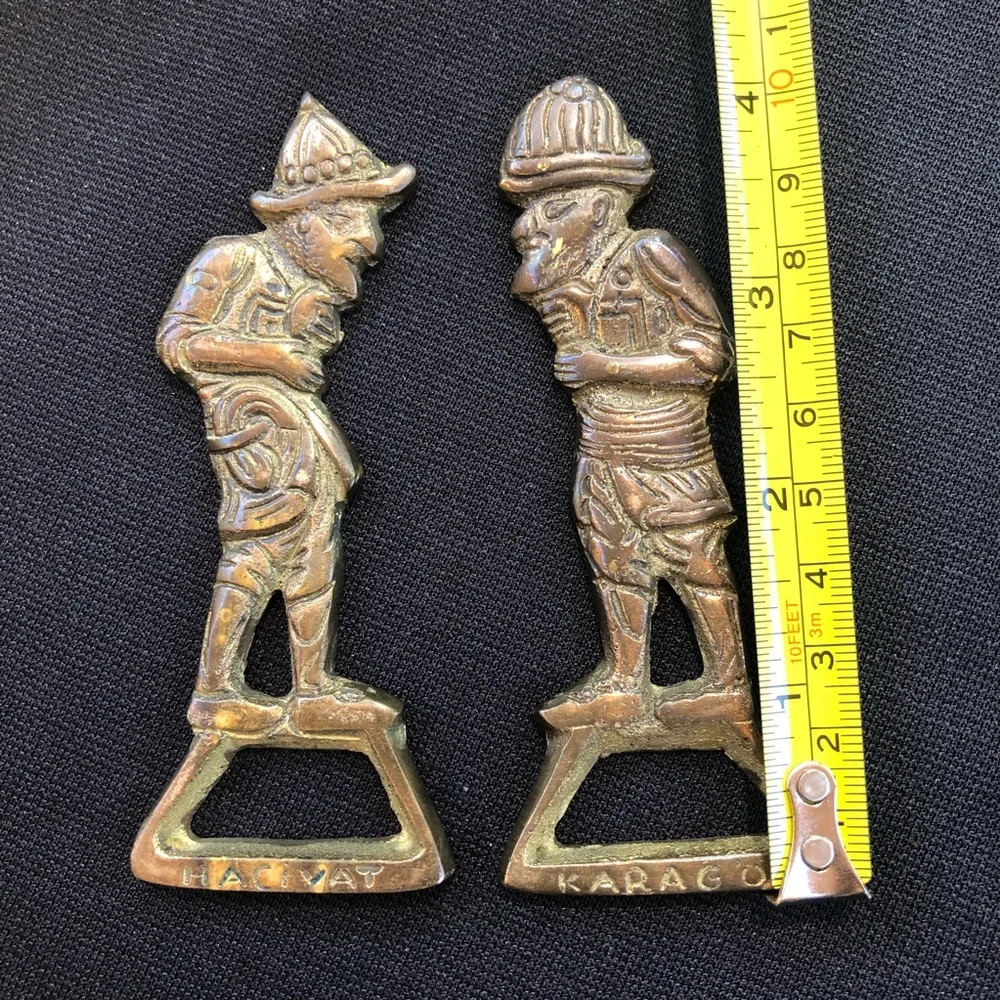 Two Vintage Karagoz & Hacivat Figures Brass Bottle Openers - Barware - Turkey